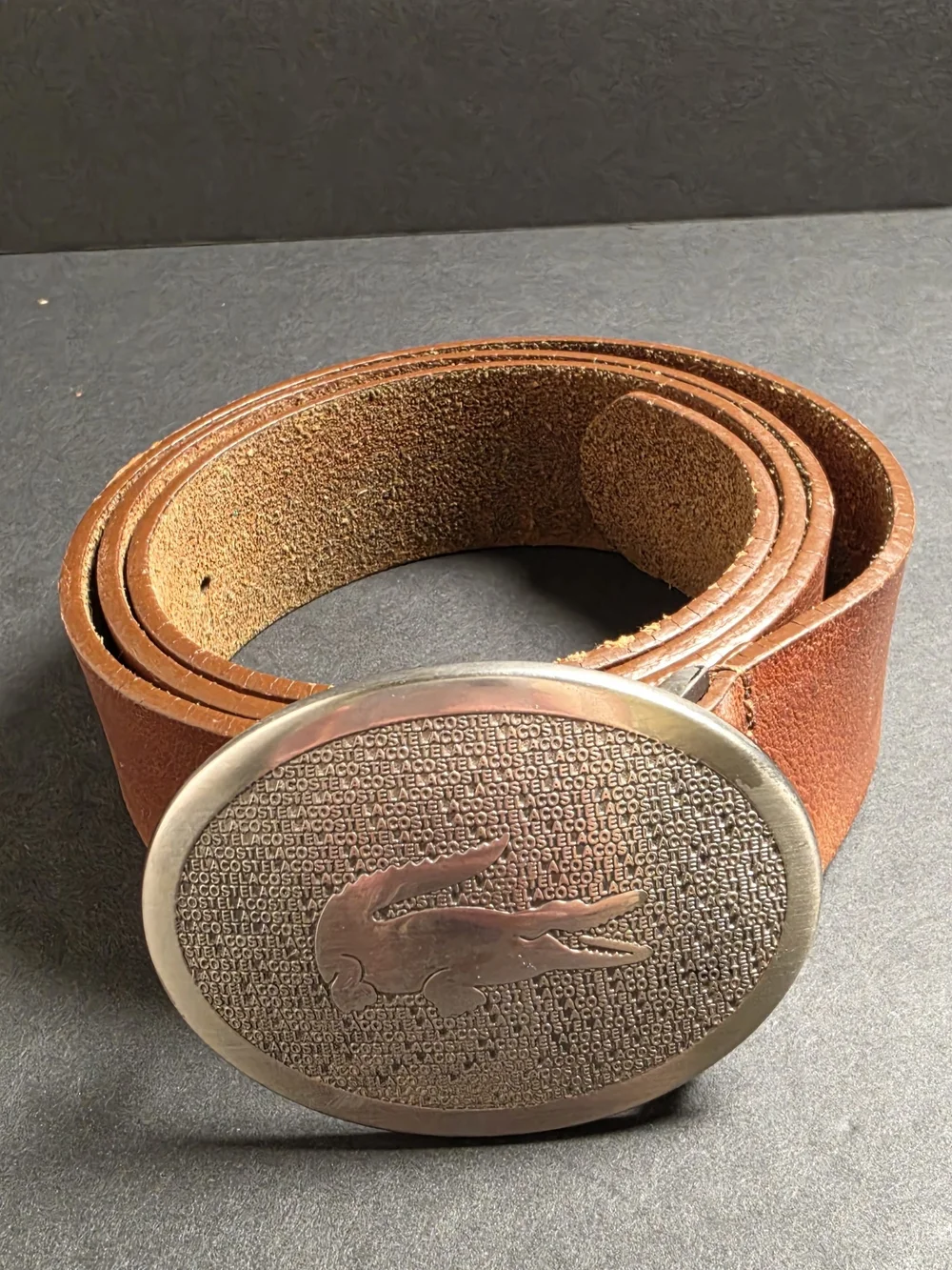 Lacoste Brown Leather Belt with Croc Logo Buckle